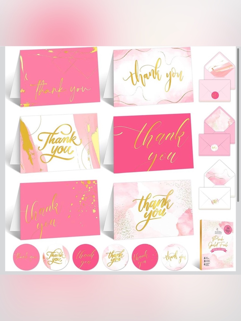 Elegant Pink & Gold Thank You Card Set - Blank Note Cards